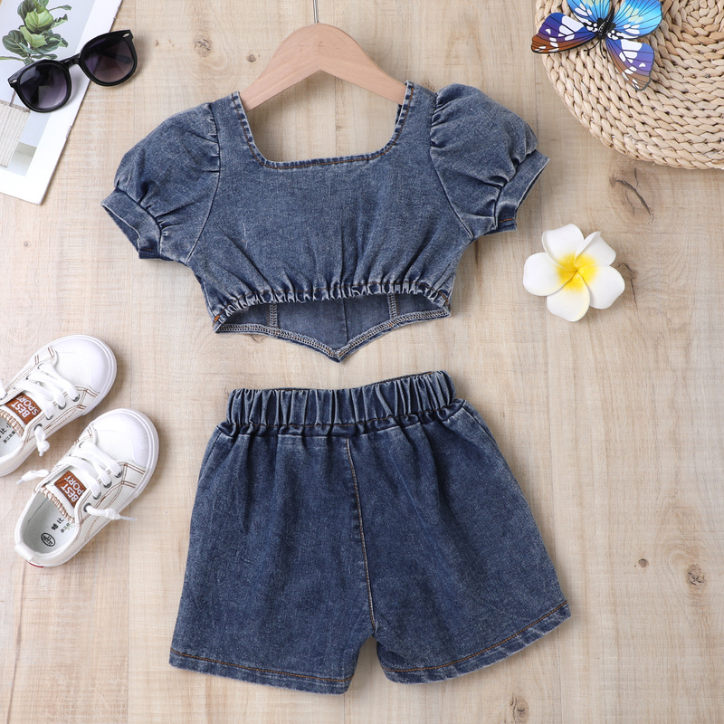 Babykleding Kinderjurk Zomers denim pak met geribde kraag, lantaarnmouwen en bloemendessin voor meisjes_voghion.com