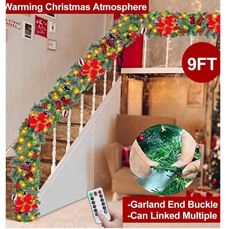 Ghirlanda di Natale artificiale da appendere alla porta, 180/270 cm, con finto pino e bacche rosse - Decorazione per la casa durante le feste (luci LED opzionali)_voghion.com