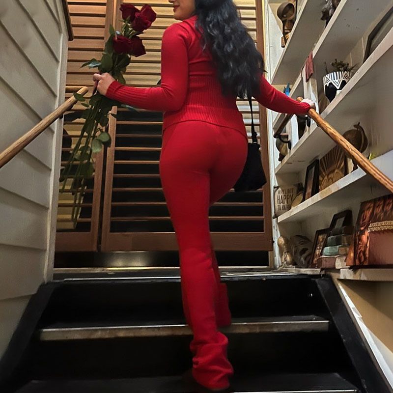 Women's Knit Hooded Two-Piece Set Fashionable High-Waist Long Sleeve Top & Pants Outfit Streetwear Casual Comfortable Loungewear_voghion.com