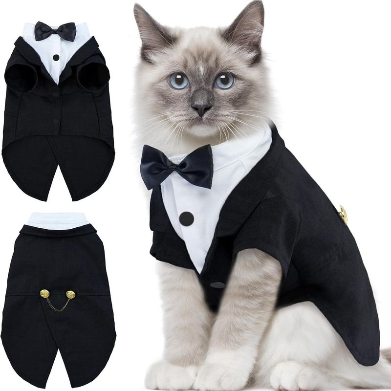 Special Cat Tuxedo Costume With Bow Tie For Halloween, Wedding, Birthday Jumpsuit_voghion.com
