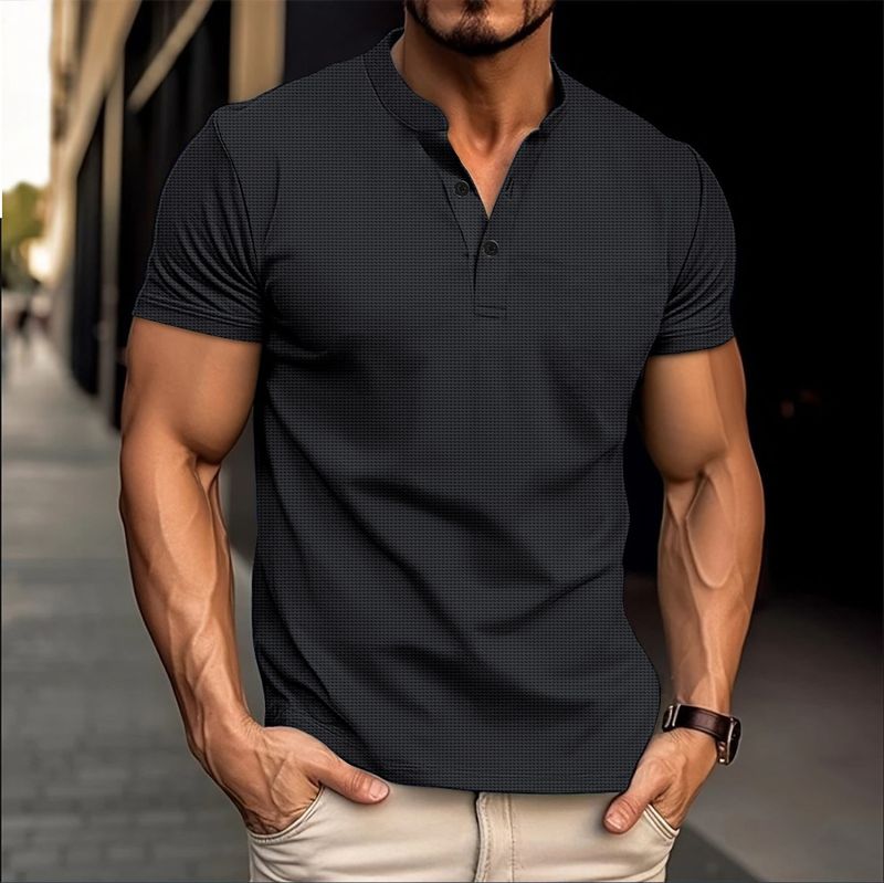 001 Cross-border 2024 Summer Men's Short Sleeve V-neck Waffle Solid Color Button Polo Shirt_voghion.com