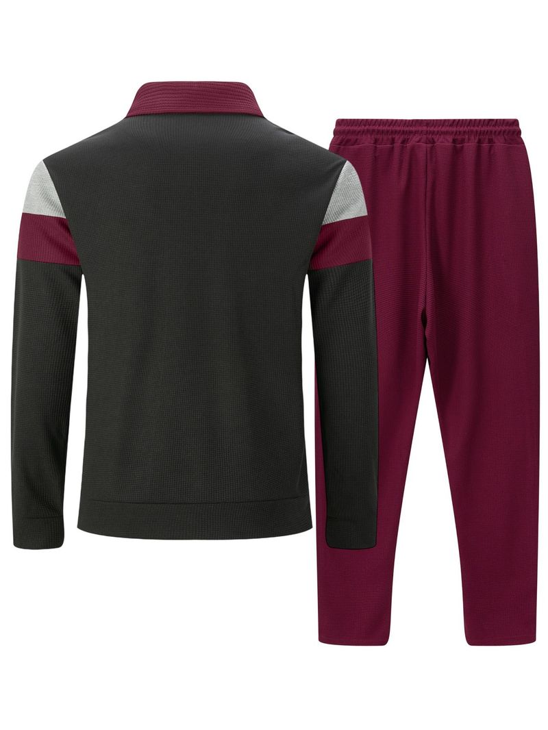 Herren-Set aus Jacke und Hose mit Reißverschluss im Waffelstrick-Farbblockdesign – Stilvolles Herbst-Outfit für Freizeit- und Sportbekleidung_voghion.com