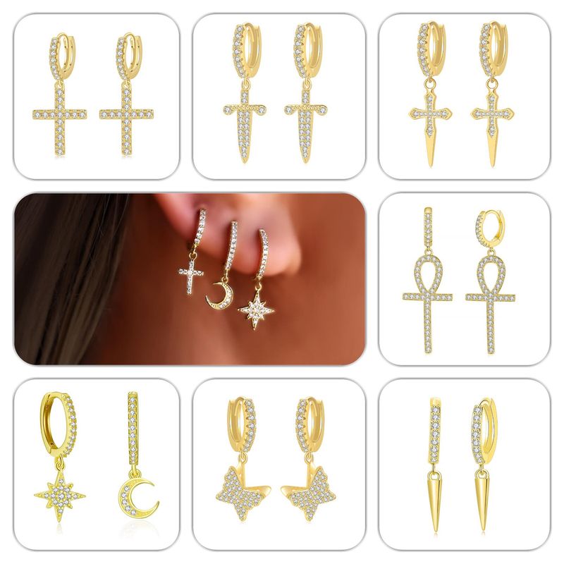 Popular Zircon Earrings cross butterfly star moon hip hop Earrings Gold Plated men's and women's Earrings_voghion.com