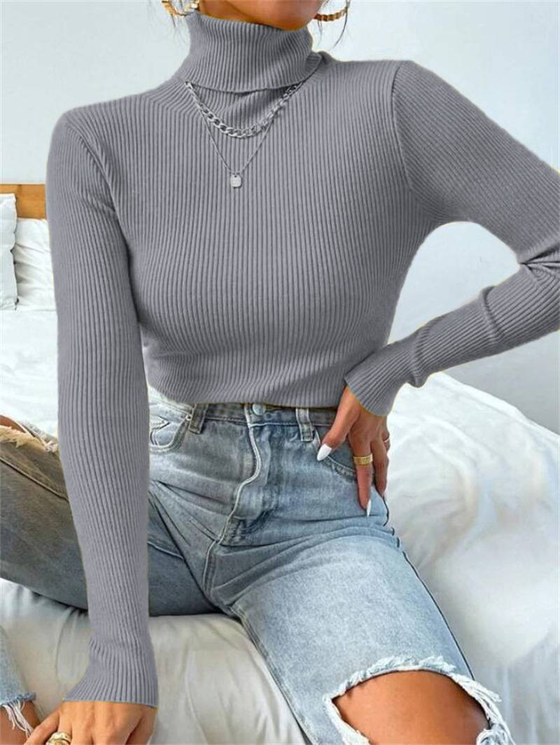 2024 Autumn Winter Women Long Sleeve Knitted Foldover Turtleneck Ribbed Pull Sweater Soft Warm Femme Jumper Pullover Clothes_voghion.com