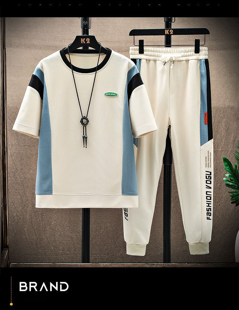 Herrenbekleidung Casual Sportanzug Set Waffel Kurzarm Trend T-Shirt Sets_voghion.com