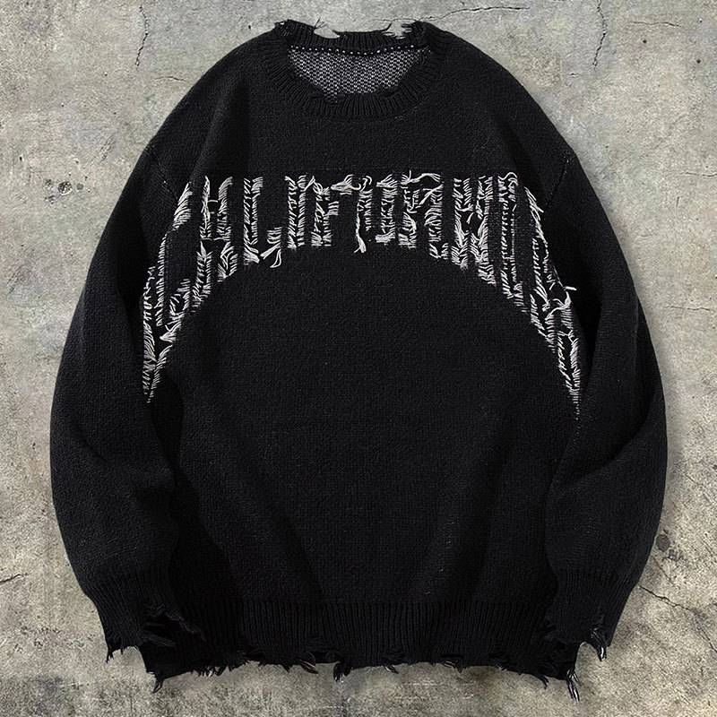 Distressed Letter Print Sweater – Oversized Unisex Pullover For Men & Women (Black, S/M/L/XL)_voghion.com