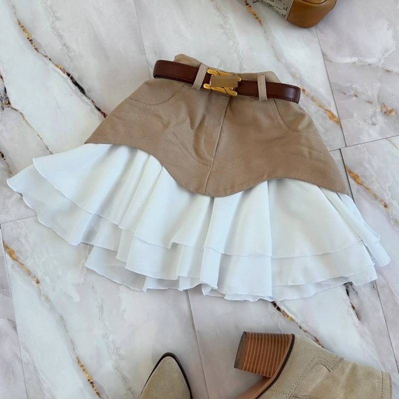 K New Women's Dress With Lace Frills On The Hem Of The Cake Skirt; Short Skirt With High Waist And Half-body Skirt. Without Belt_voghion.com