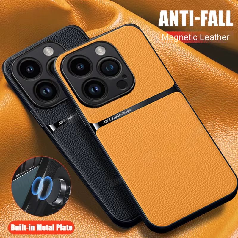 Leather Texture Magnetic Car Stand Holder Phone Case For Iphone 11 16 Pro Max 12 13 14 15 13Pro Cases Lens Protector_voghion.com