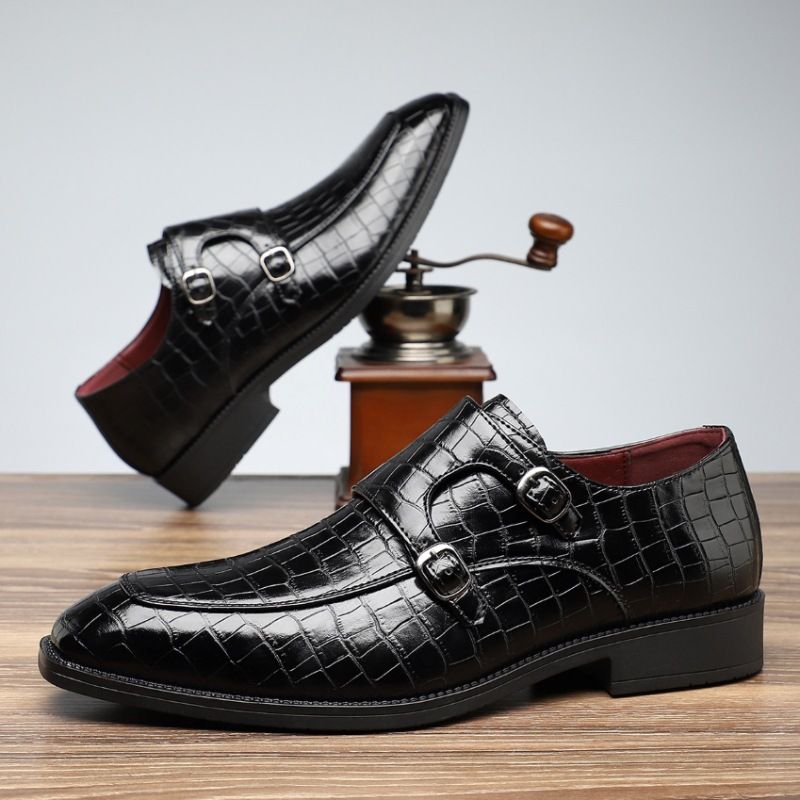 Zees Hot-Selling Cross-Border 47 Large Size 48 Pointed Toe Buckle Crocodile Pattern Trendy Men's Monk Strap_voghion.com