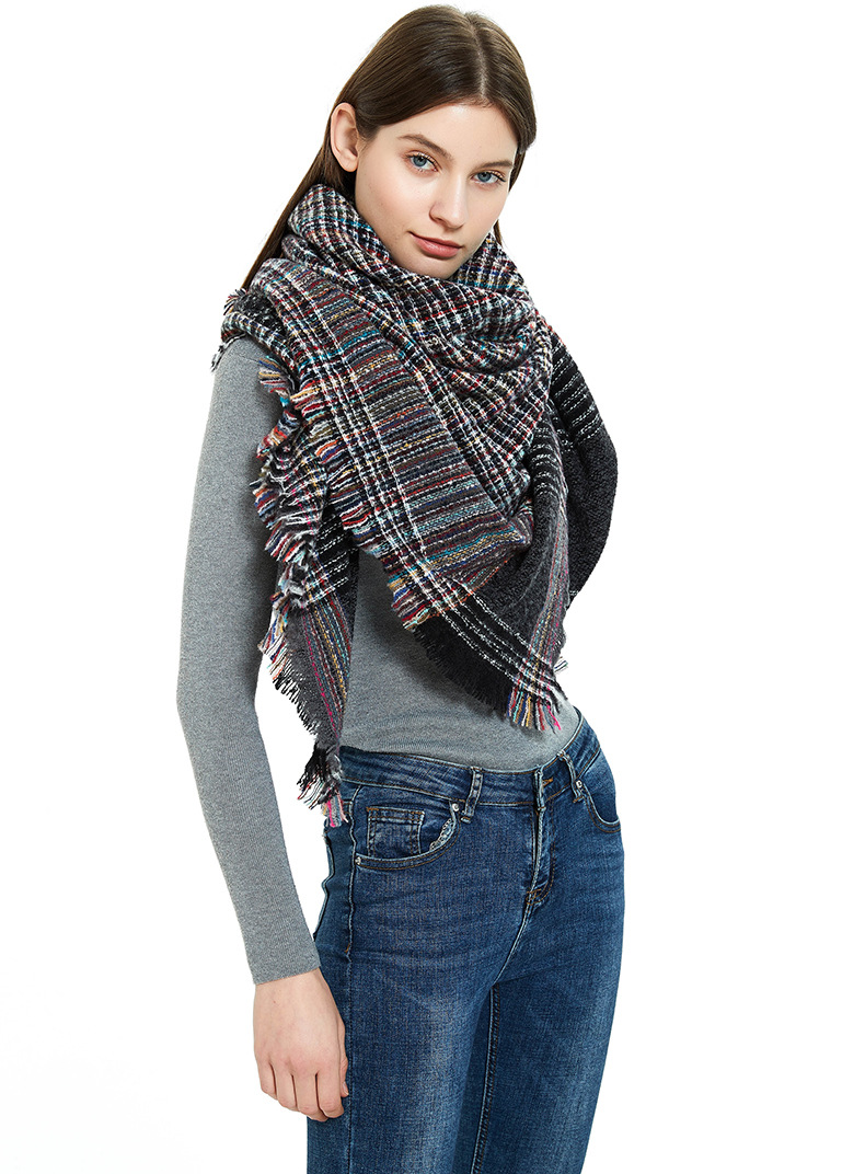 Unisex Autumn/Winter black bristle plaid square scarf scarf Square with thick tassel bib shawl_voghion.com