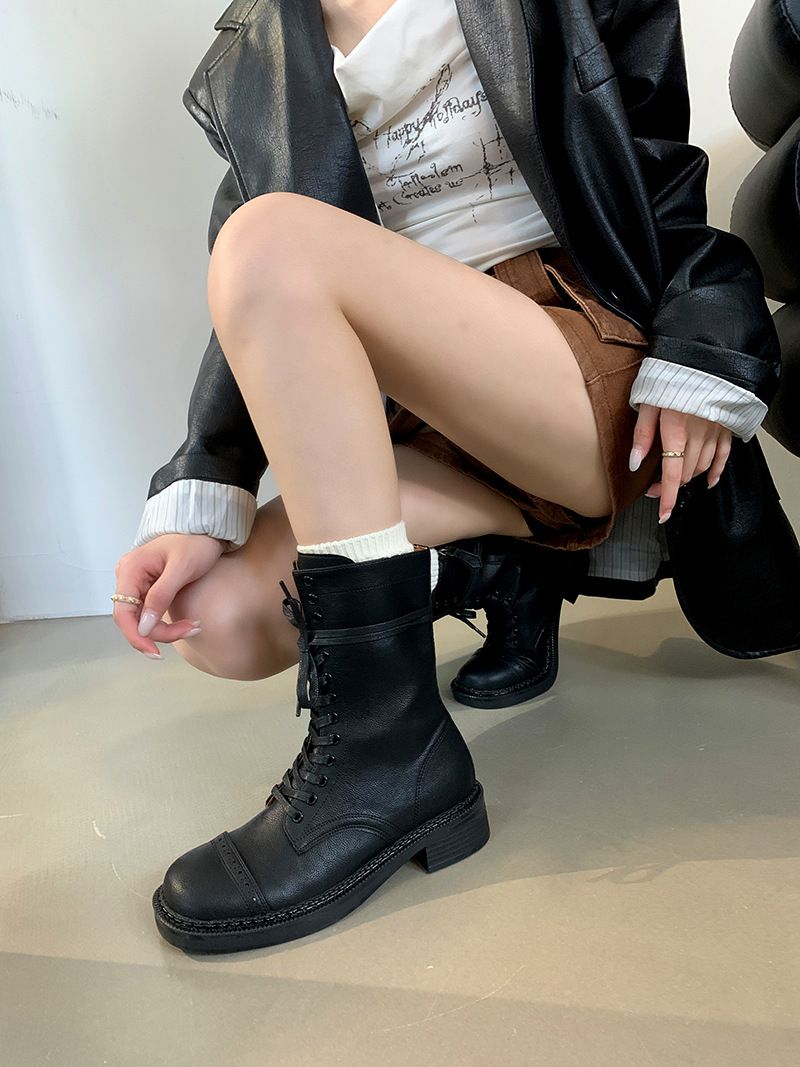 Women's Classic Riding Boots With Side Zipper & Lace-Up Detail - Genuine Leather Upper & Comfortable Rubber Sole - Versatile Low-Cut_voghion.com