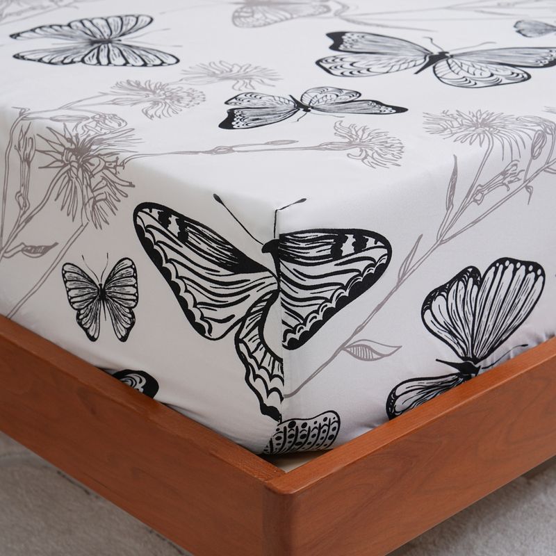 Black & White Floral Butterfly 3D Printed Fitted Sheet - Polyester Bed Cover With Breathable & Wrinkle-Resistant Design_voghion.com