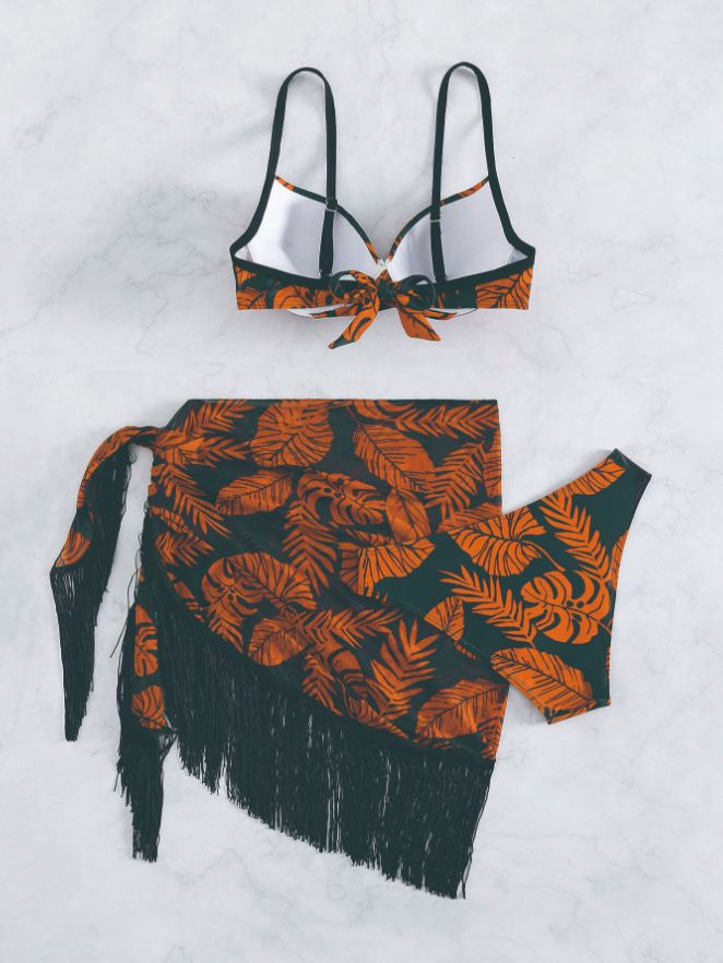 Women's Clothing Three Piece Suit Bikini Tassel Print Swimsuit_voghion.com