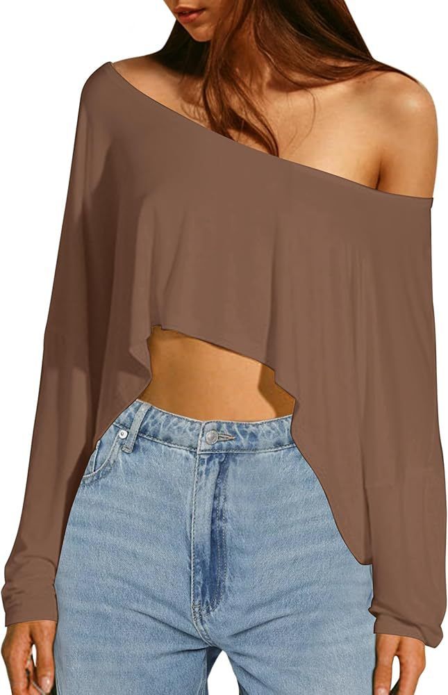 Europese en Amerikaanse dames effen kleur schuine kraag lange mouw onregelmatig ultra kort navel bloot losse casual mode pullover T-shirt_voghion.com
