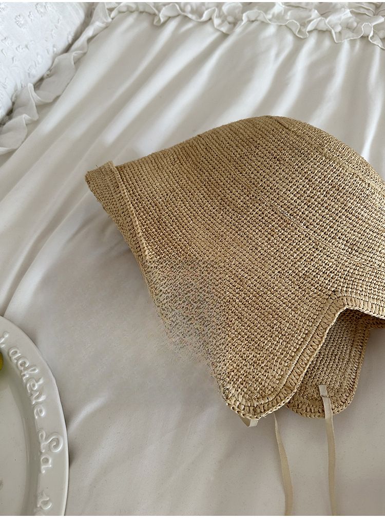 Chapeau de paille en raphia pour femme, bord large de plage, pliable, style coréen, style artistique rustique, protection solaire d'été, artisanat de tissage de paille._voghion.com