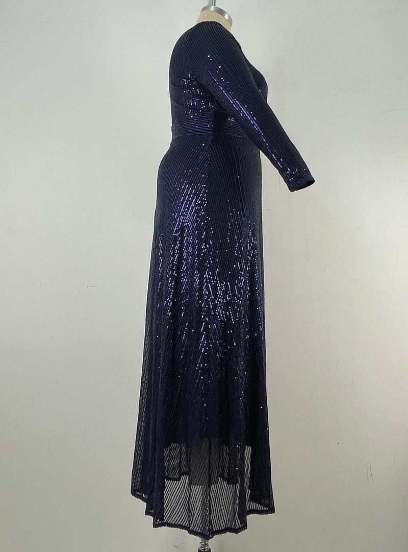 Elegant Plus Size Evening Gown With Sequins - V-Neck Long Sleeve Formal Dress For Wedding, Banquet & Special Occasions (Blue/Black/Wine Red, 0XL-5XL)_voghion.com