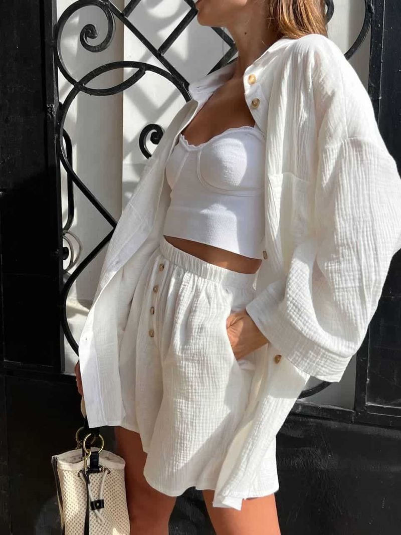 Vêtements pour femmes, tempérament décontracté, nouveaux vêtements pour femmes, couleur unie, cardigan, haut boutonné, short tendance, ensemble deux pièces_voghion.com