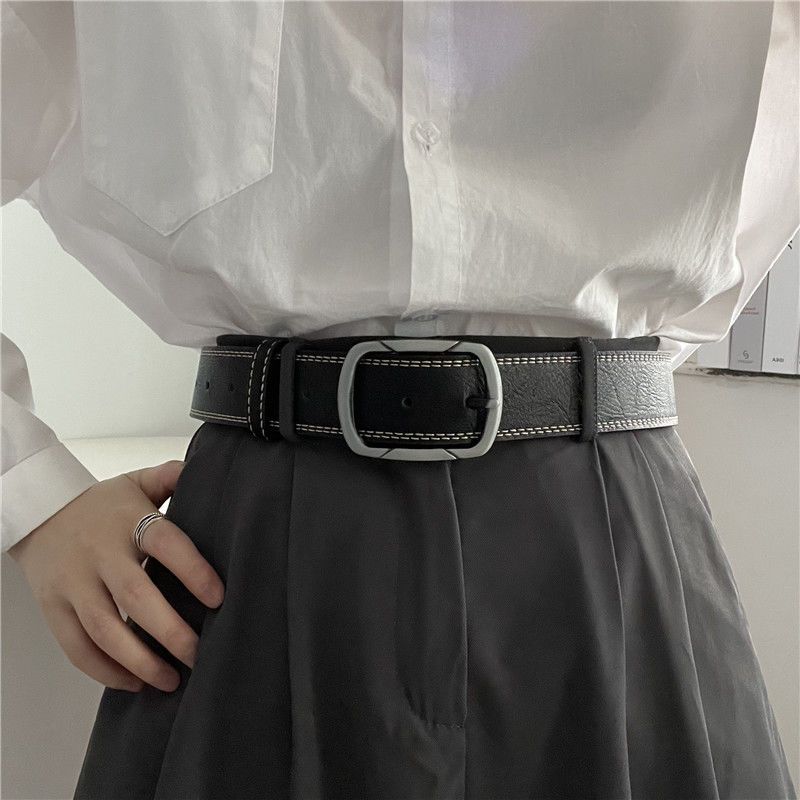 Belt For Men With Worn-out Treading Lines, Wide Korean Youth Fashion, Sier Needle Buckle, Casual Belt, Versatile Belt_voghion.com