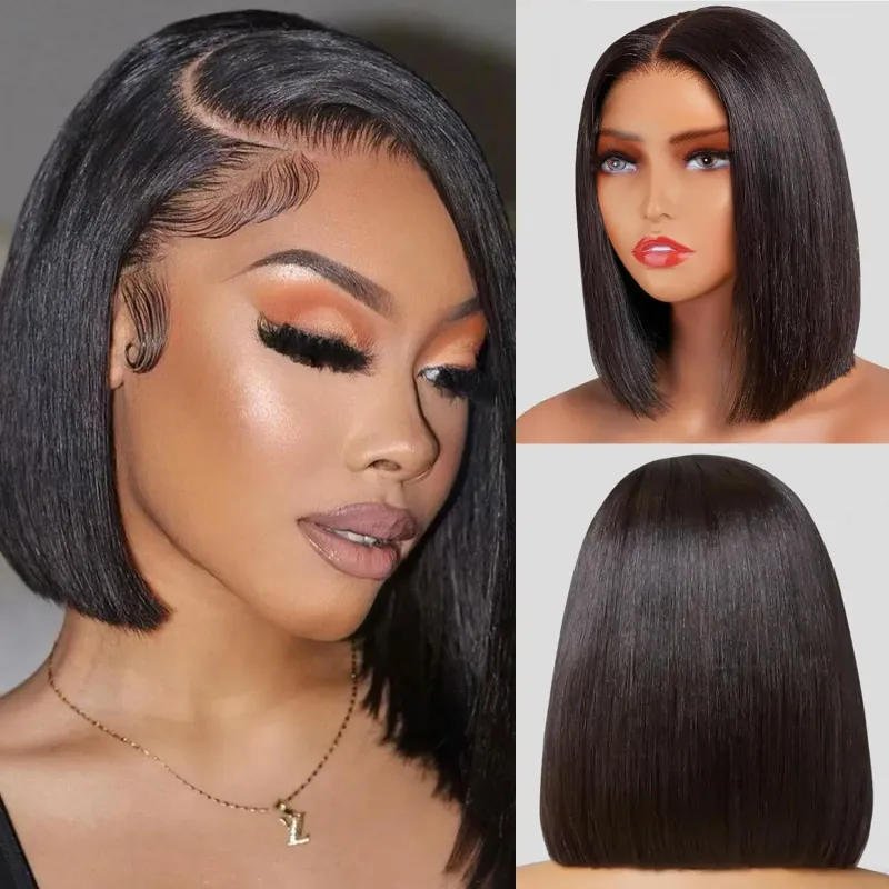 Knachräi Riicht Bob Perück Lace Front Mënschlech Hoerverschluss 4x4 Kuerz Bob Perück 13x4 HD Lace Frontal Perück 200%_voghion.com