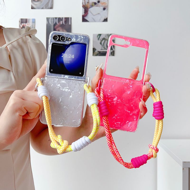For Samsung Galaxy Z Flip 3 4 5 6 5G Crystal Shell Colorful Chain Wrist Phone Case Cover_voghion.com