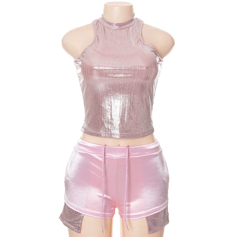 K22ST440 Set casual da donna con coulisse e tasca con coulisse, senza maniche, colore argento brillante_voghion.com