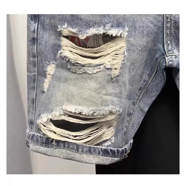 Ripped Denim For Men Summer Thin Stretch Large Size Slim Straight Youth Five-Point Mid-Length Casual Shorts_voghion.com