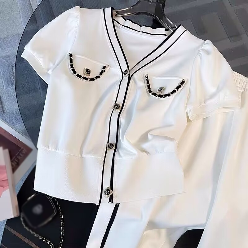 Abbigliamento da donna Abito sportivo casual bianco per donna estate nuovo pantalone a gamba larga alla moda in stile profumo piccolo abito a due pezzi alla moda_voghion.com