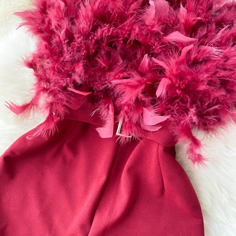 Dress Feather One Shoulder Strapless Jumpsuit For Women's New Loose Wide Leg Straight Leg Pants_voghion.com