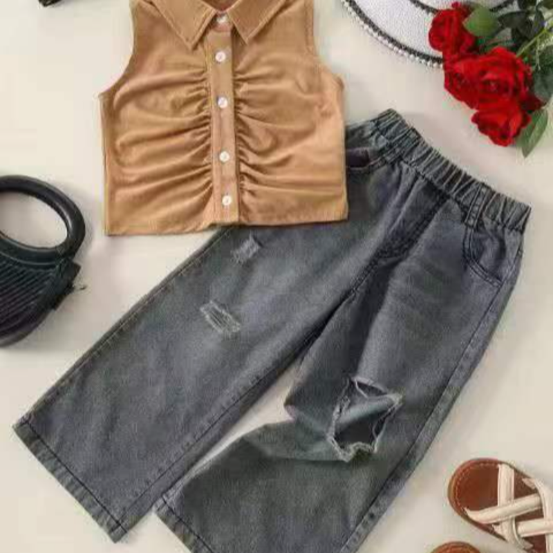 Kinderbekleidungsversion für Mädchen im Sommer, neues bedrucktes T-Shirt im Retro-Distressed-Loch-Denim, weite Hose, zweiteiliges Set im trendigen Stil_voghion.com