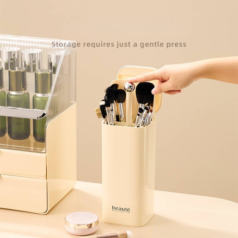 Auto-Rising Makeup Brush Holder – Touch-Control Cosmetic Organizer With Dust-Proof Lid & 12 Slots (Modern Vanity Storage, White/Black/Cream)_voghion.com