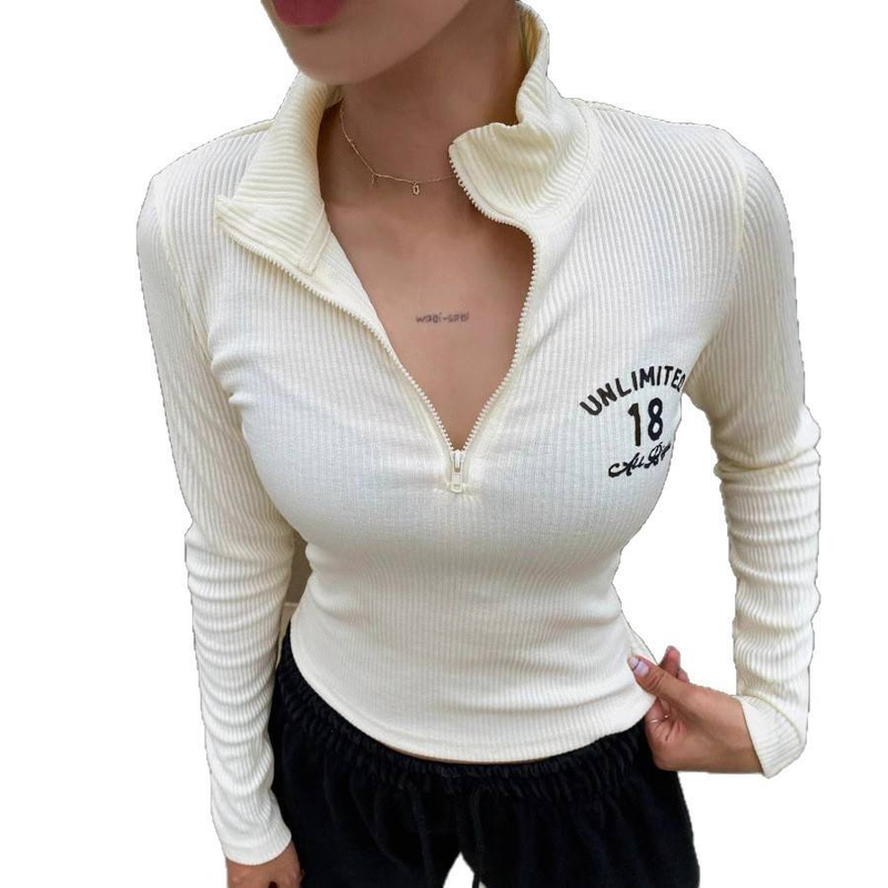 Stylisches Crop-Top für Damen mit Halbreißverschluss-Design und Buchstabendruck – Langärmliges Freizeit-T-Shirt für modische Outfits (Weiß/Schwarz, S/M/L/XL)_voghion.com