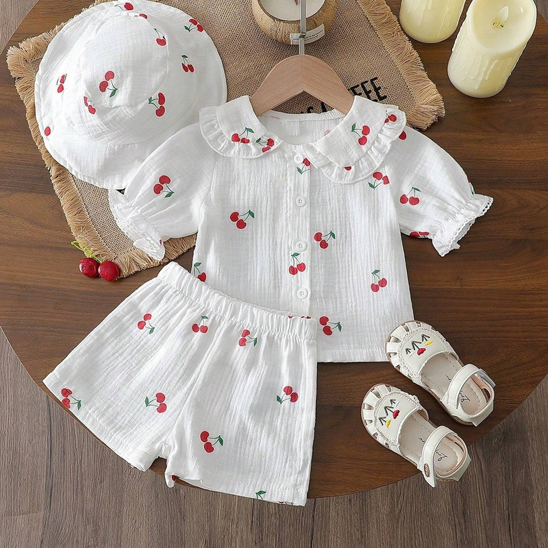 Baby Girl's Printed Collar Top + Shorts + Hat Set – Soft Polyester 3-Piece Outfit (6M-3Y)_voghion.com