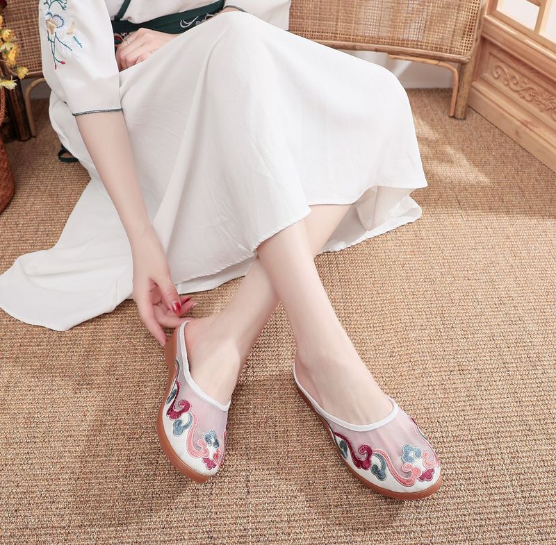Slippers, Mesh Embroidered Fabric Shoes, Summer Cow Tendon Soles, Casual Women's Outerwear Sandals_voghion.com