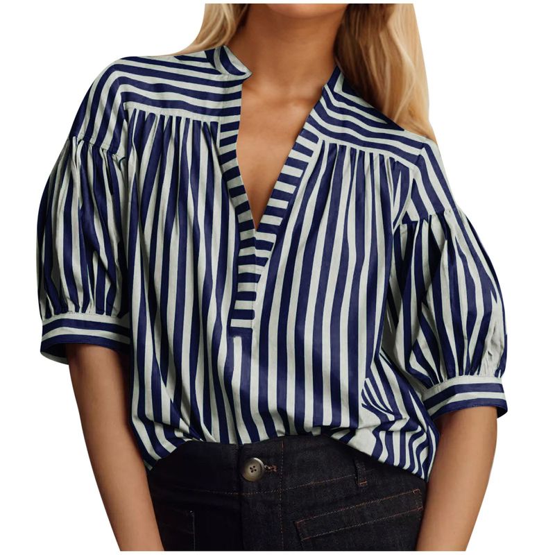 Camicia da donna a maniche corte, a righe, ampia e versatile, nuova moda 2025_voghion.com