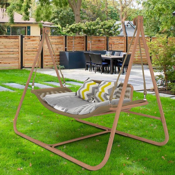 JESE Hammock Swing Chair With Stand For Indoor,Outdoor, Anti-Rust Wood-Colored Frame 570 Lbs Capacity With Cushion Oversized Double Hammock Chair Fo_voghion.com