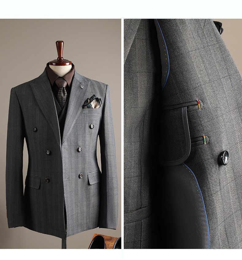 Herrenbekleidung, zweireihiges kariertes Anzug-Set, Slim Fit, Business-Blazer und Hose für Hochzeiten, formelle Anlässe (Jacke + Weste + Hose optional)_voghion.com