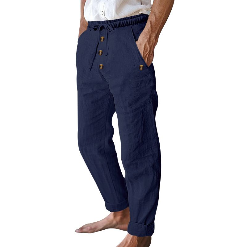 Spring And Autumn American Beach Solid Color Cotton Linen Loose Drawstring Button Casual Pants For Men_voghion.com