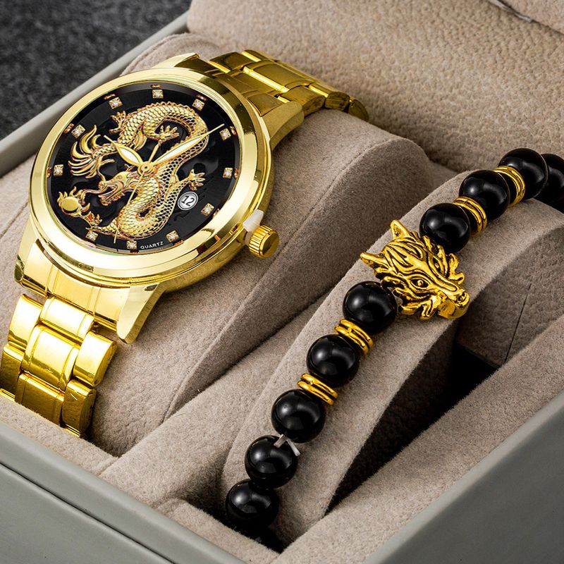 Montre homme montre non mécanique montre homme ultra fine montre de rue calendrier dragon doré ensemble de bracelet polyvalent de luxe_voghion.com