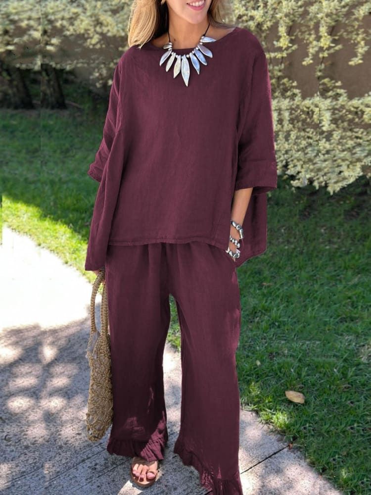 Nieuwe damespakken van katoen en linnen. Damesmode, effen kleur, losse casual broek, tweedelig pak_voghion.com