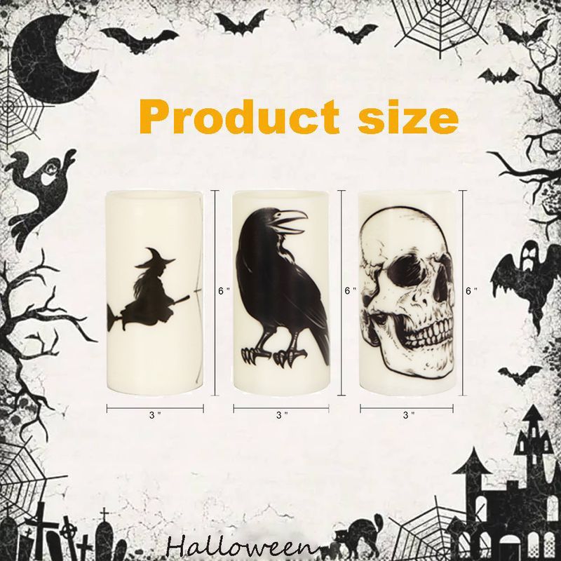 Gruseliges Halloween LED-Kerzen-Set – 3-teilige flammenlose Flackerkerzen mit Totenkopf-, Raben- und Spinnen-Motiven_voghion.com