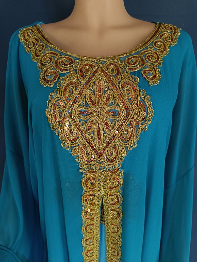 Rochie de damă Jalabiya musulmană din Orientul Mijlociu Malay cu mâneci trompetă brodate Robă brodata din dantelă aurie 8872_voghion.com