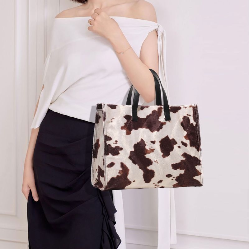 Cow Print Plush Tote Bag Women's Retro Leopard Print Plush Tote Bag Shoulder Bag Messenger Bag_voghion.com