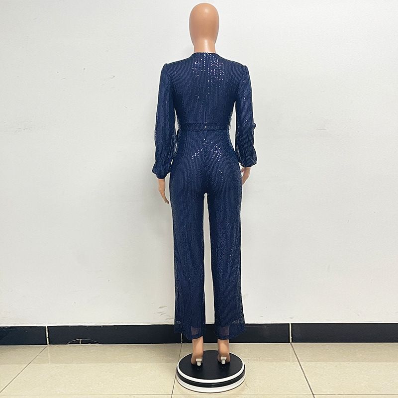Damkläder Ins Style Deep V Mode Casual Jumpsuit Långärmat Bälte Paljett Jumpsuit Dam_voghion.com