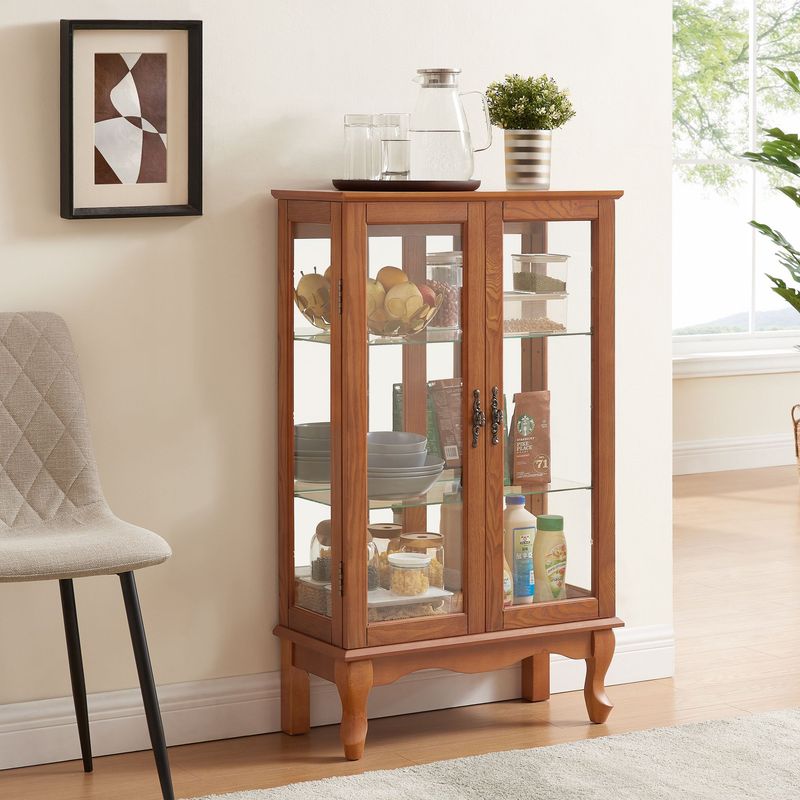2 Doors Curio Cabinet With Tempered Glass Doors, Curio Cabinets With Mirrored Back Panel And Adjustable Shelves, Lighted Display Cabinet For Home, Office Light Bulb Included Cherry_voghion.com