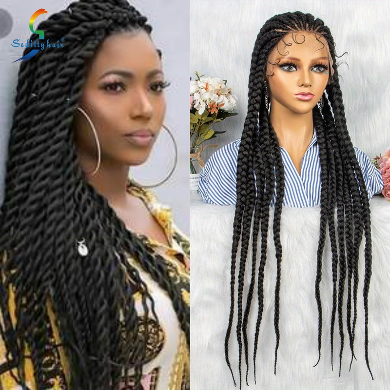 Peluca de encaje completo de 34 pulgadas, trenzas gruesas gordas de 11 hebras, peluca con trenzas sintéticas de uso fácil y ligero_voghion.com