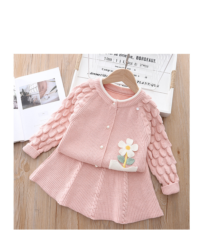 Piger rød sweater sæt nederdel efterår og vinter små piger strikket rund hals cardigan frakke nederdel_voghion.com