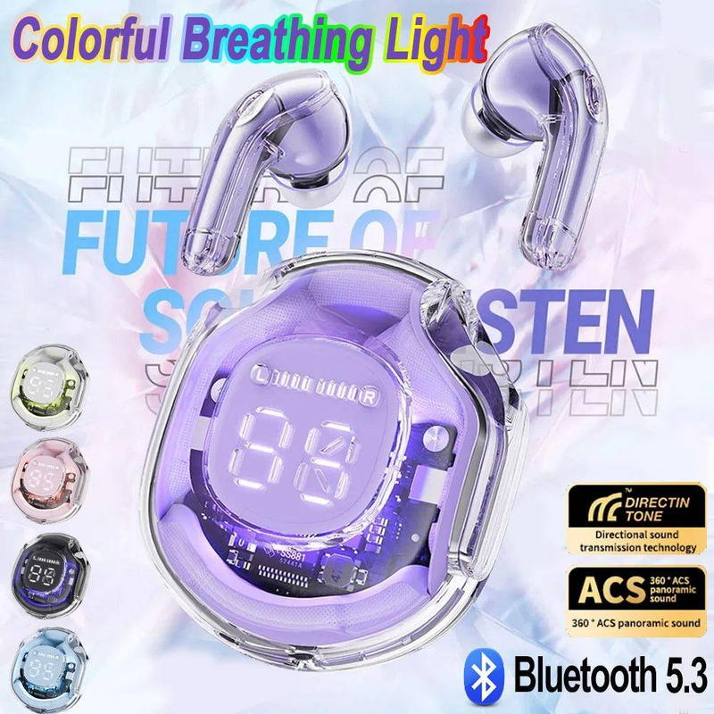 New Fashion Wireless Earphones Bluetooth 5.3 LED Power Display Transparent Headphones_voghion.com