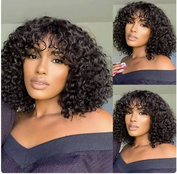 Short bob with bangs machine made water wave short wig Bangs wig Full head Short hair wig Hair mechanism wig 100% humanhair_voghion.com