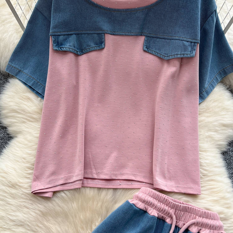 Retro sommerantrekk i Hong Kong-stil - Patchwork-topp med korte ermer og høylivede jeans med vide ben i to deler | Vintage Casual Chic_voghion.com