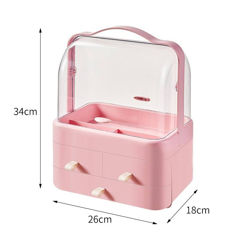 3-stufiger staubdichter Make-up-Organizer mit Schubladengriff, tragbare Kosmetik-Aufbewahrungsbox aus Acryl für Lippenstift, Hautpflege-Schönheitswerkzeuge, Schreibtisch-Kosmetikkoffer_voghion.com